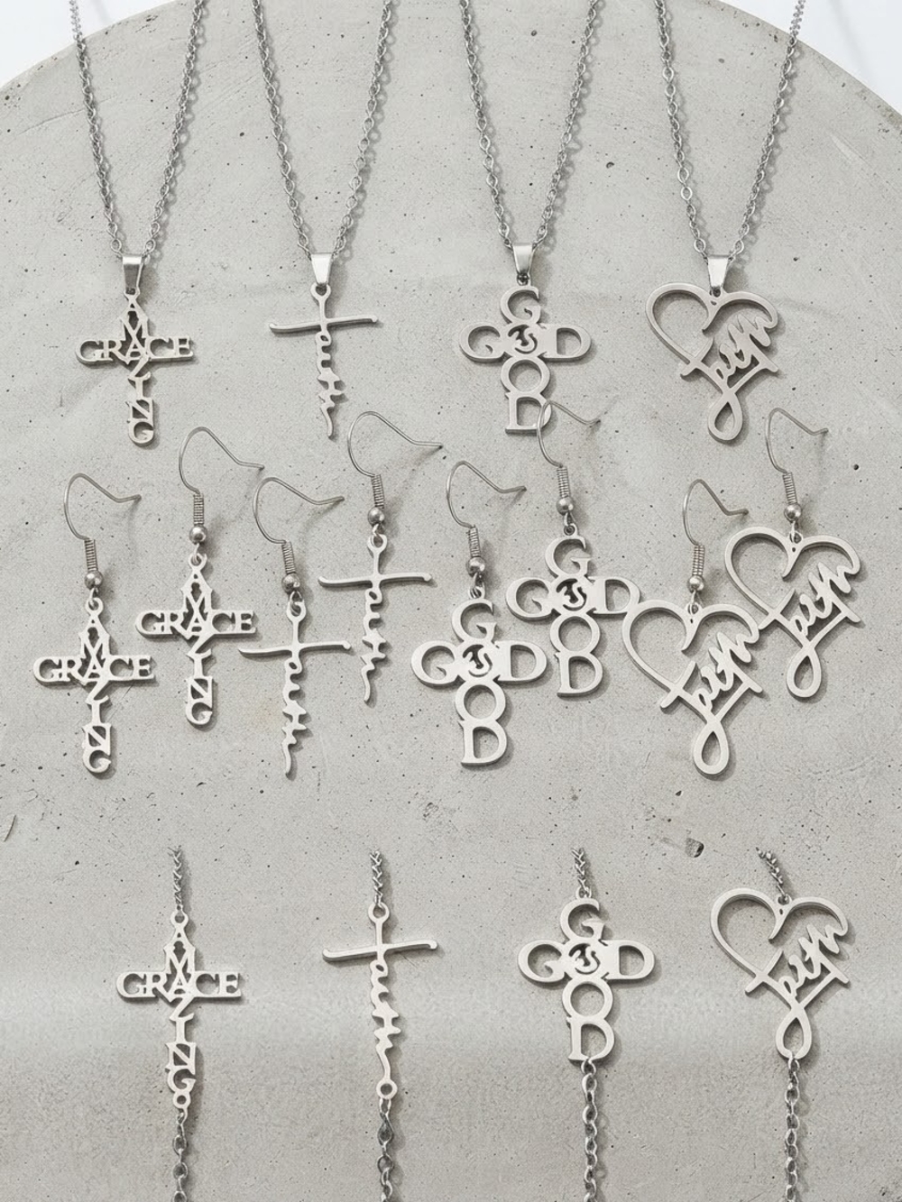 Silver Tone Inspirational Name & Symbol Jewelry Set - Cross, Heart & Initials
